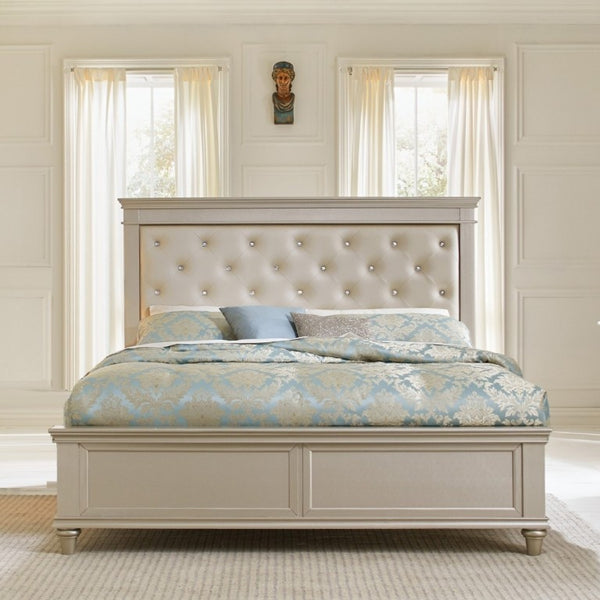 English Elm Modern Glam Queen Bed Pearlized Faux Leather Headboard with Crystal Tufting Silver Frame B011S03603