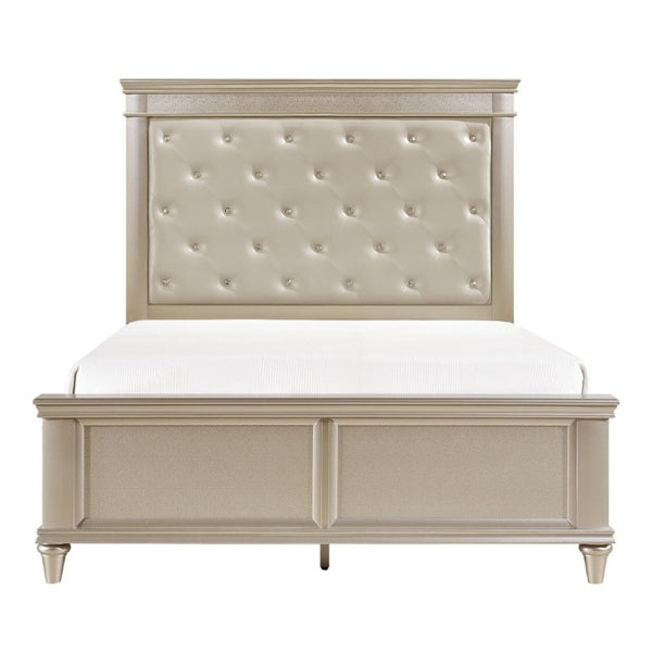 English Elm Modern Glam Queen Bed Pearlized Faux Leather Headboard with Crystal Tufting Silver Frame B011S03603