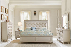 English Elm Modern Glam Queen Bed Pearlized Faux Leather Headboard with Crystal Tufting Silver Frame B011S03603