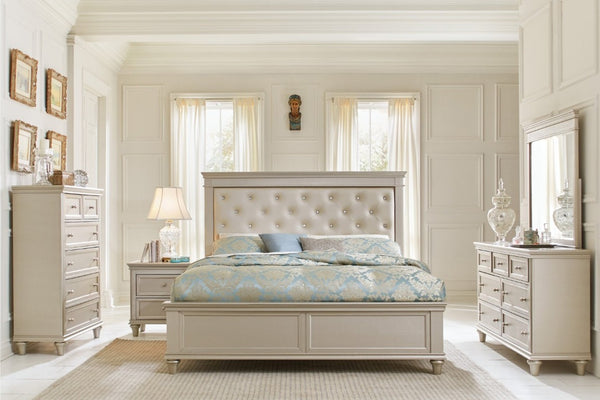 English Elm Modern Glam Queen Bed Pearlized Faux Leather Headboard with Crystal Tufting Silver Frame B011S03603