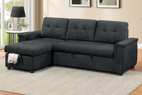 English Elm Reversible Sectional Sofa with Hidden Storage Tufted Velvet Upholstery Track Arms Black B011S03606