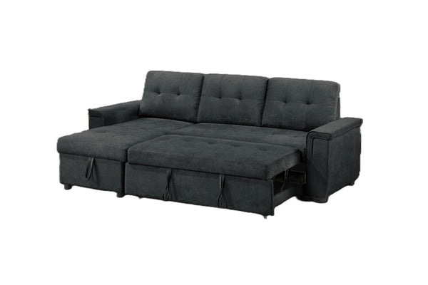 English Elm Reversible Sectional Sofa with Hidden Storage Tufted Velvet Upholstery Track Arms Black B011S03606