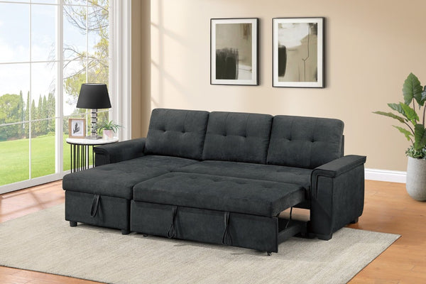 English Elm Reversible Sectional Sofa with Hidden Storage Tufted Velvet Upholstery Track Arms Black B011S03606