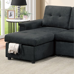 English Elm Reversible Sectional Sofa with Hidden Storage Tufted Velvet Upholstery Track Arms Black B011S03606