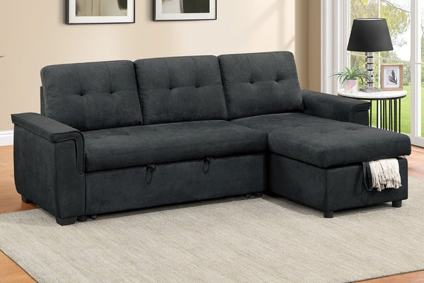 English Elm Reversible Sectional Sofa with Hidden Storage Tufted Velvet Upholstery Track Arms Black B011S03606