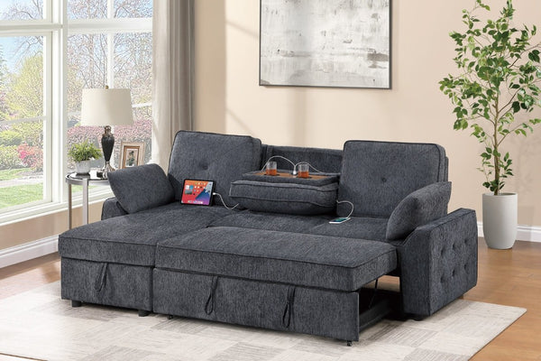 English Elm Dark Chenille Sleeper Sectional with Storage Chaise USB Ports and Fold Down Table Dark Gray B011S03611