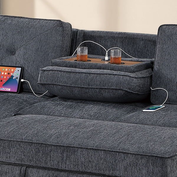 English Elm Dark Chenille Sleeper Sectional with Storage Chaise USB Ports and Fold Down Table Dark Gray B011S03611