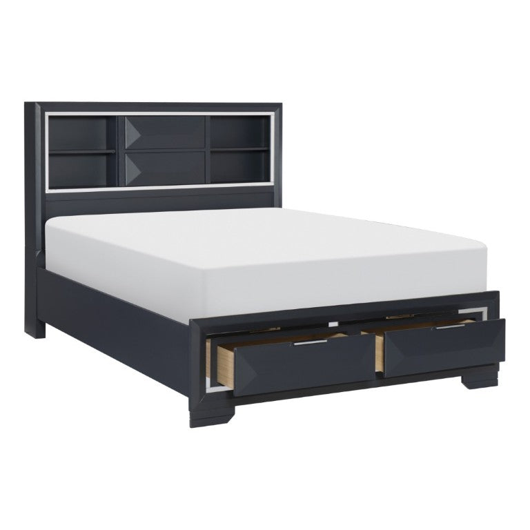English Elm Modern Queen Platform Bed Midnight Blue Lacquer Bookcase Headboard Footboard Drawers B011S03612