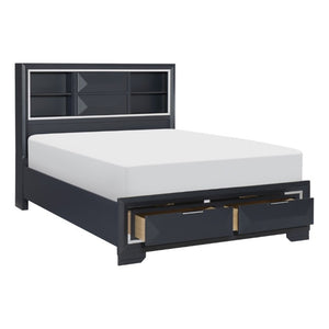 English Elm Modern Queen Platform Bed Midnight Blue Lacquer Bookcase Headboard Footboard Drawers B011S03612