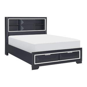 English Elm Modern Queen Platform Bed Midnight Blue Lacquer Bookcase Headboard Footboard Drawers B011S03612