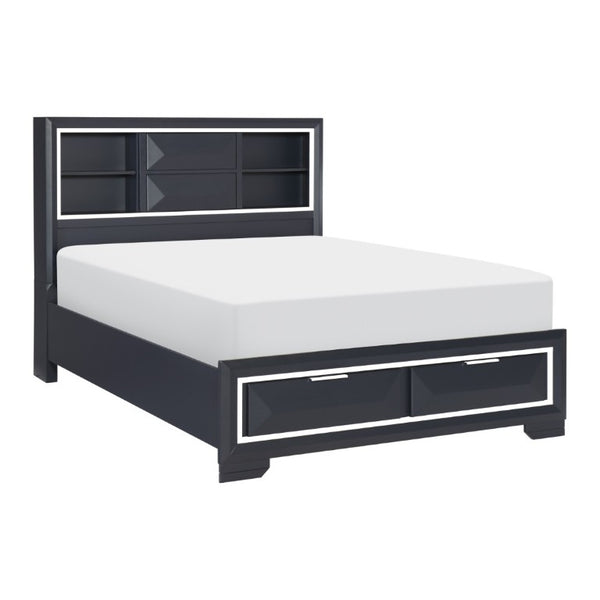 English Elm Modern Queen Platform Bed Midnight Blue Lacquer Bookcase Headboard Footboard Drawers B011S03612