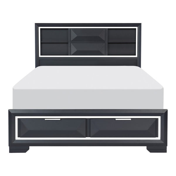 English Elm Modern Queen Platform Bed Midnight Blue Lacquer Bookcase Headboard Footboard Drawers B011S03612