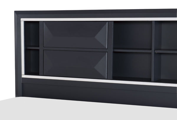 English Elm Modern Queen Platform Bed Midnight Blue Lacquer Bookcase Headboard Footboard Drawers B011S03612