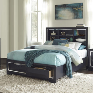 English Elm Modern Queen Platform Bed Midnight Blue Lacquer Bookcase Headboard Footboard Drawers B011S03612