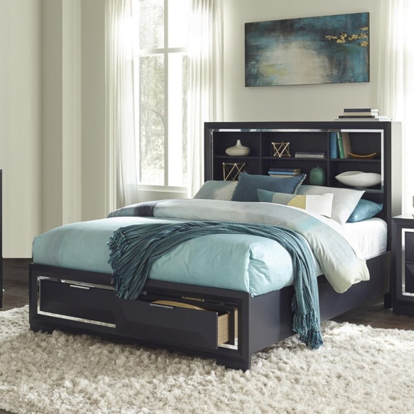 English Elm Modern Queen Platform Bed Midnight Blue Lacquer Bookcase Headboard Footboard Drawers B011S03612