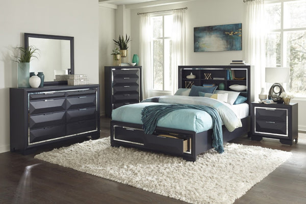 English Elm Modern Queen Platform Bed Midnight Blue Lacquer Bookcase Headboard Footboard Drawers B011S03612