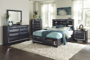 English Elm Modern California King Bed Bookcase Headboard Storage Footboard Midnight Blue Chrome B011S03614