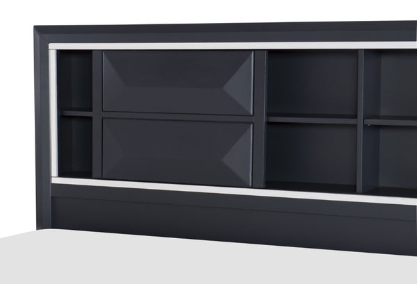 English Elm Transitional Platform Storage Bed Curved Headboard Chrome Pulls Wooden Bedroom Frame Blue King B011S03615