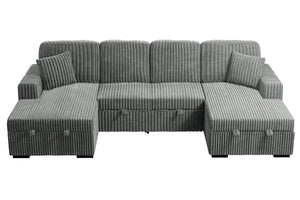 English Elm 3-Piece Corduroy Sectional Sofa with Sleeper and Under Seat Storage for Living Rooms Smoke B011S03617