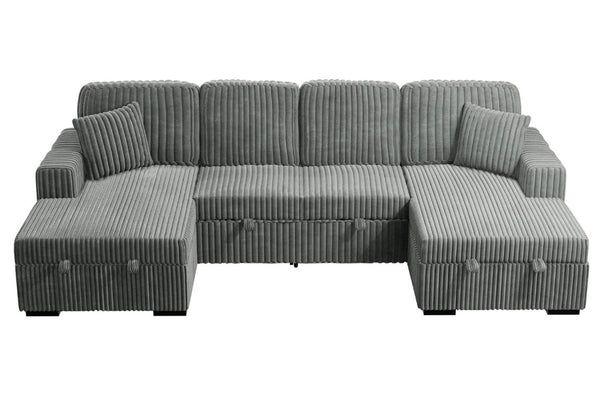English Elm 3-Piece Corduroy Sectional Sofa with Sleeper and Under Seat Storage for Living Rooms Smoke B011S03617