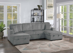 English Elm 3-Piece Corduroy Sectional Sofa with Sleeper and Under Seat Storage for Living Rooms Smoke B011S03617