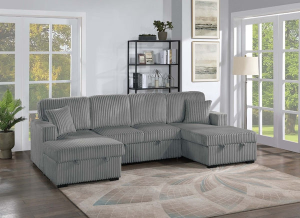 English Elm 3-Piece Corduroy Sectional Sofa with Sleeper and Under Seat Storage for Living Rooms Smoke B011S03617