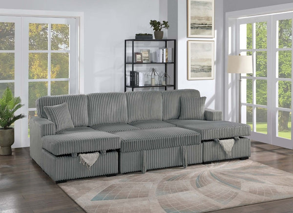 English Elm 3-Piece Corduroy Sectional Sofa with Sleeper and Under Seat Storage for Living Rooms Smoke B011S03617