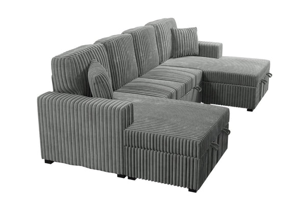 English Elm 3-Piece Corduroy Sectional Sofa with Sleeper and Under Seat Storage for Living Rooms Smoke B011S03617