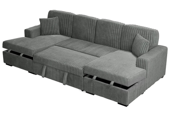 English Elm 3-Piece Corduroy Sectional Sofa with Sleeper and Under Seat Storage for Living Rooms Smoke B011S03617