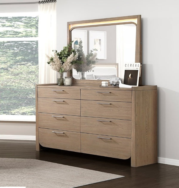 English Elm Modern Eight Drawer Hickory Veneer Dresser with LED Mirror for Contemporary Bedrooms B011S03619