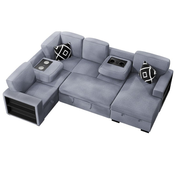 English Elm Modern Boucle Sectional Sleeper Sofa with Storage Chaise Wireless Charging and Fold Down Table Gray B011S03623