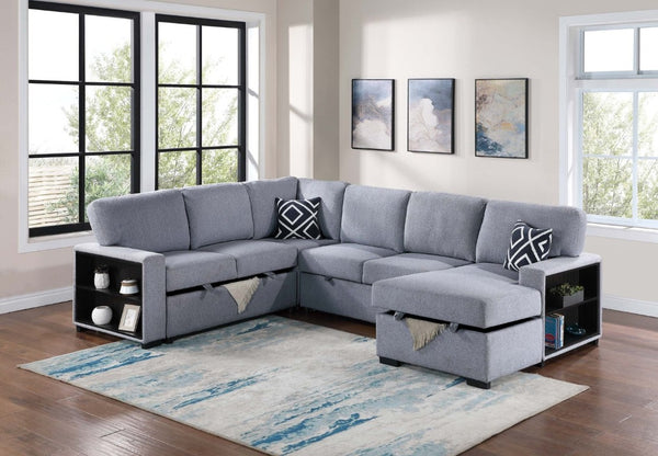 English Elm Modern Boucle Sectional Sleeper Sofa with Storage Chaise Wireless Charging and Fold Down Table Gray B011S03623