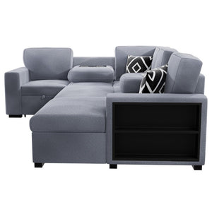 English Elm Modern Boucle Sectional Sleeper Sofa with Storage Chaise Wireless Charging and Fold Down Table Gray B011S03623