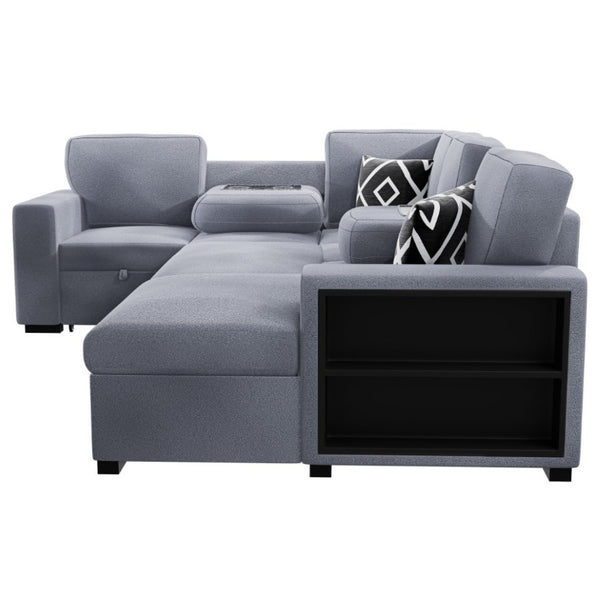 English Elm Modern Boucle Sectional Sleeper Sofa with Storage Chaise Wireless Charging and Fold Down Table Gray B011S03623