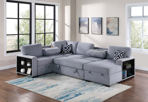 English Elm Modern Boucle Sectional Sleeper Sofa with Storage Chaise Wireless Charging and Fold Down Table Gray B011S03623