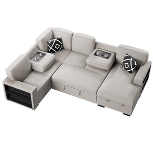 English Elm Modern Boucle Sectional Sleeper Sofa with Storage Chaise Wireless Charging and Fold Down Table Beige B011S03624