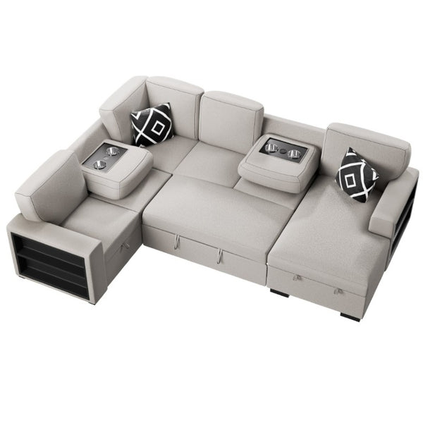 English Elm Modern Boucle Sectional Sleeper Sofa with Storage Chaise Wireless Charging and Fold Down Table Beige B011S03624