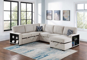 English Elm Modern Boucle Sectional Sleeper Sofa with Storage Chaise Wireless Charging and Fold Down Table Beige B011S03624