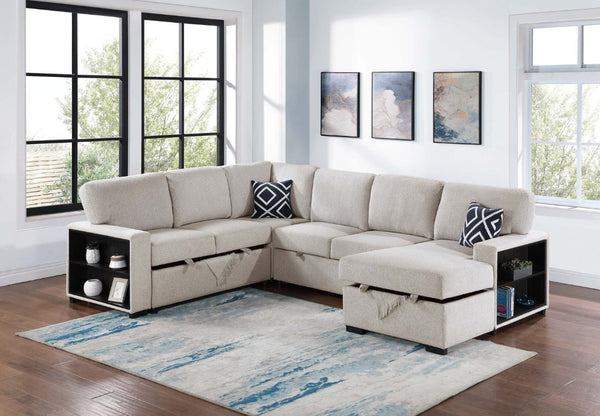 English Elm Modern Boucle Sectional Sleeper Sofa with Storage Chaise Wireless Charging and Fold Down Table Beige B011S03624