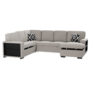 English Elm Modern Boucle Sectional Sleeper Sofa with Storage Chaise Wireless Charging and Fold Down Table Beige B011S03624