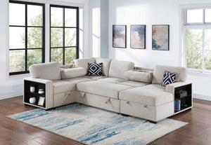 English Elm Modern Boucle Sectional Sleeper Sofa with Storage Chaise Wireless Charging and Fold Down Table Beige B011S03624