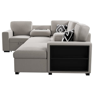 English Elm Modern Boucle Sectional Sleeper Sofa with Storage Chaise Wireless Charging and Fold Down Table Beige B011S03624