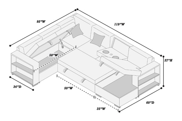 English Elm Modern Boucle Sectional Sleeper Sofa with Storage Chaise Wireless Charging and Fold Down Table Beige B011S03624