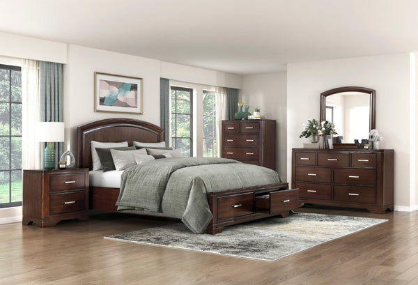 English Elm Cherry Finish Queen Platform Bed Curved Headboard Birch Veneer with Footboard Storage Drawers B011S03644