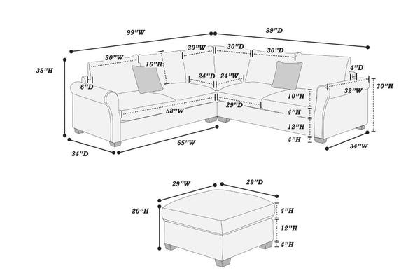 English Elm Laf Raf Corduroy Sectional Four Piece L Shaped Living Room Set with Cocktail Ottoman B011S03807