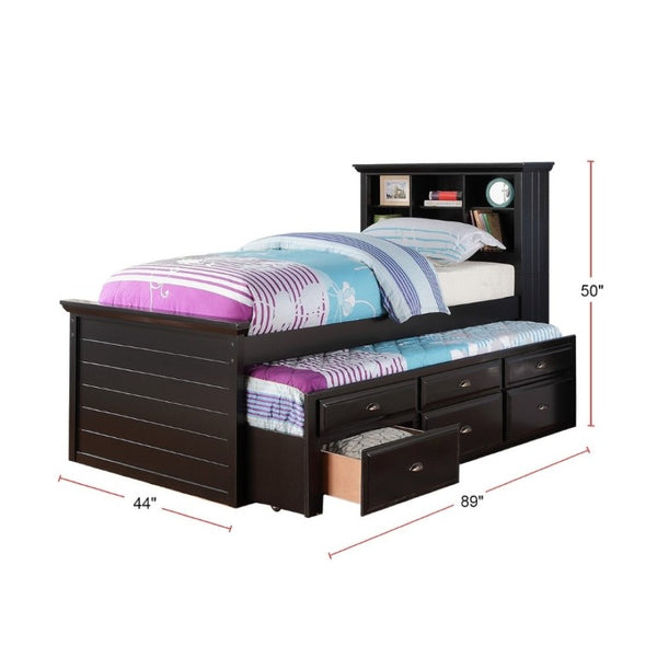 English Elm Contemporary Twin Bed with Bookcase Headboard Storage Trundle and Pine Plywood Frame Black B011S03809