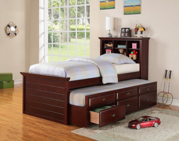 English Elm Contemporary Twin Bed with Bookcase Headboard Storage Trundle and Pine Plywood Frame Cherry B011S03810