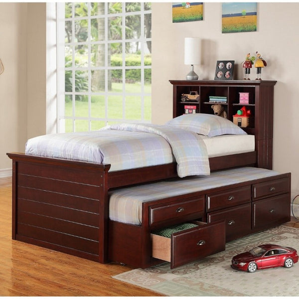 English Elm Contemporary Twin Bed with Bookcase Headboard Storage Trundle and Pine Plywood Frame Cherry B011S03810