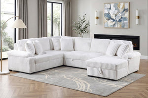 English Elm 3-Piece Corduroy Sectional Sofa with Pull-Out Bed Hidden Storage and Channel Tufting White B011S03819