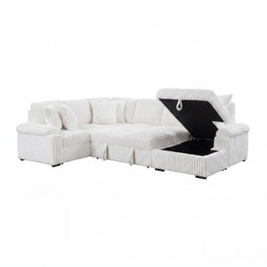 English Elm 3-Piece Corduroy Sectional Sofa with Pull-Out Bed Hidden Storage and Channel Tufting White B011S03819